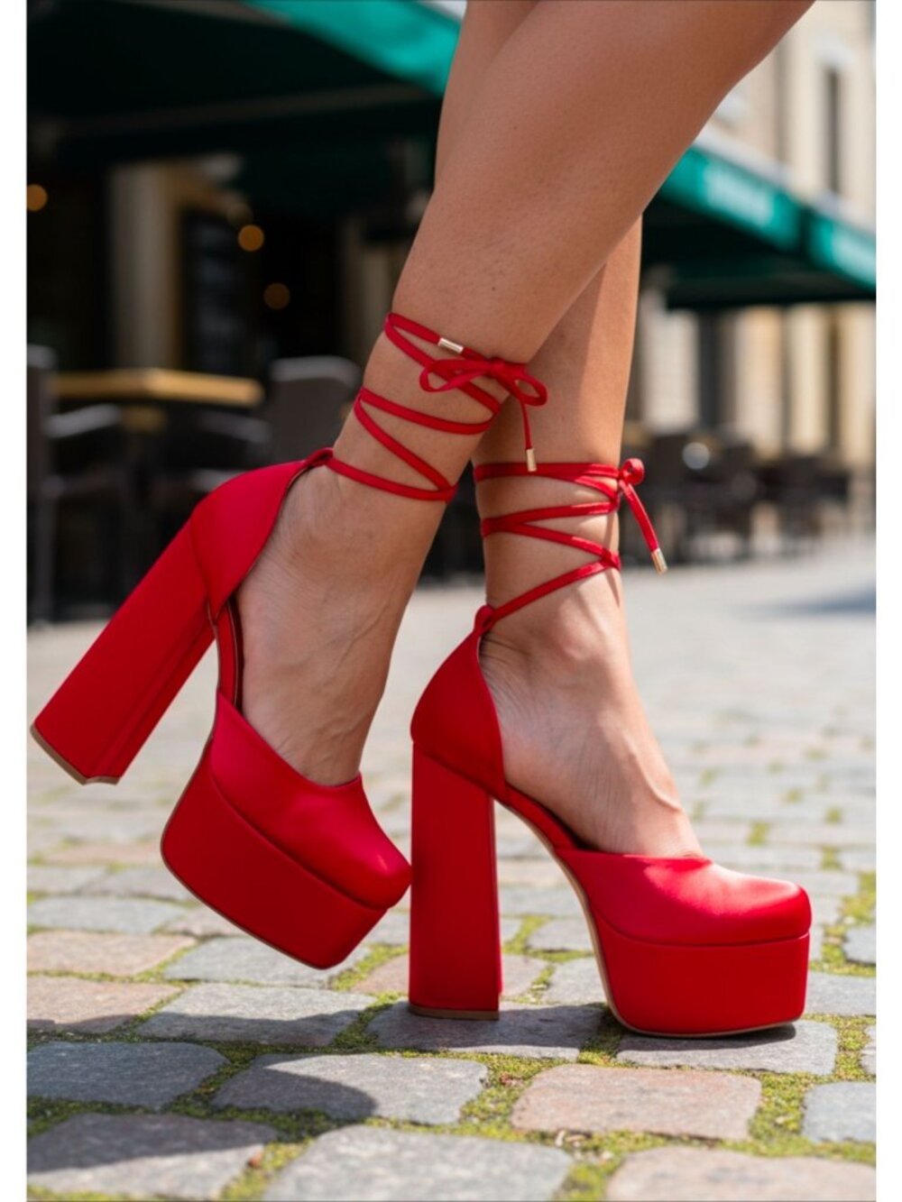 Red Satin Platform Block Heel Lace-Up Pumps For Women